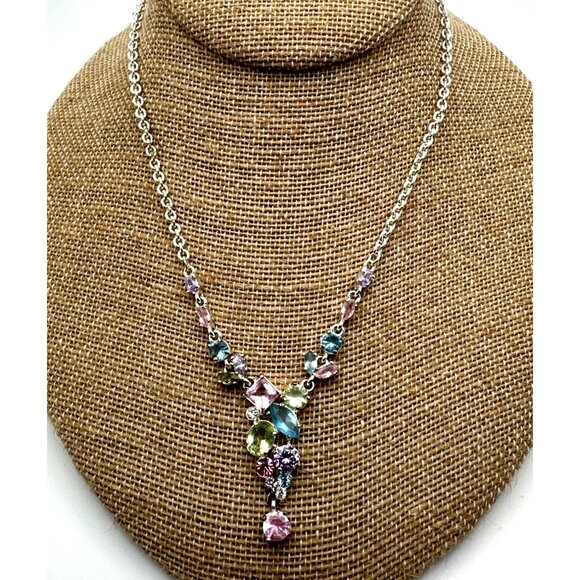 Elegant Vintage Napier Pastel Rhinestone Necklace Y Drop Signed Feminine Charm - Picture 4 of 11
